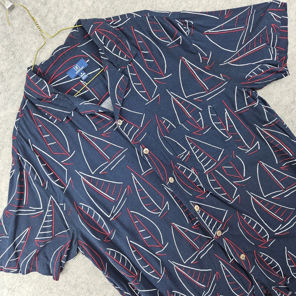 George Sailboat Print Button Down Shirt Mens Medium Navy Blue Rayon Short Sleeve